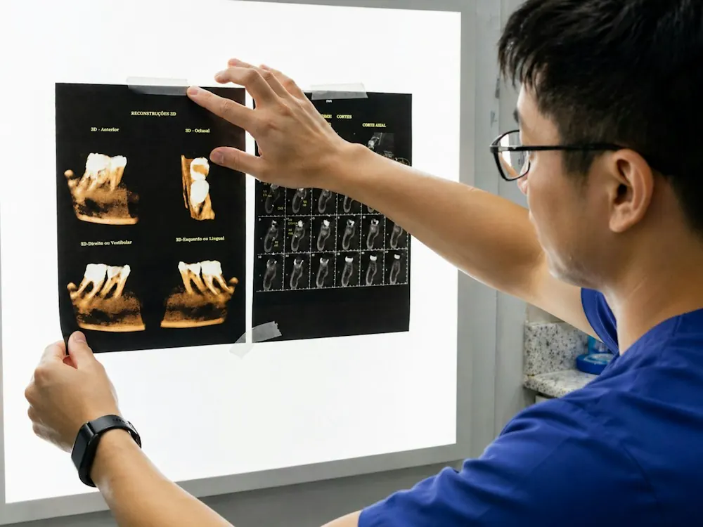 歯の立体画像を確認する歯科医師